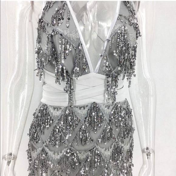 Glitter Sexy Deep V Neck Sequin Beaded Halter Bodycon Mini Nightclub Party Dress - Picture 8 of 10